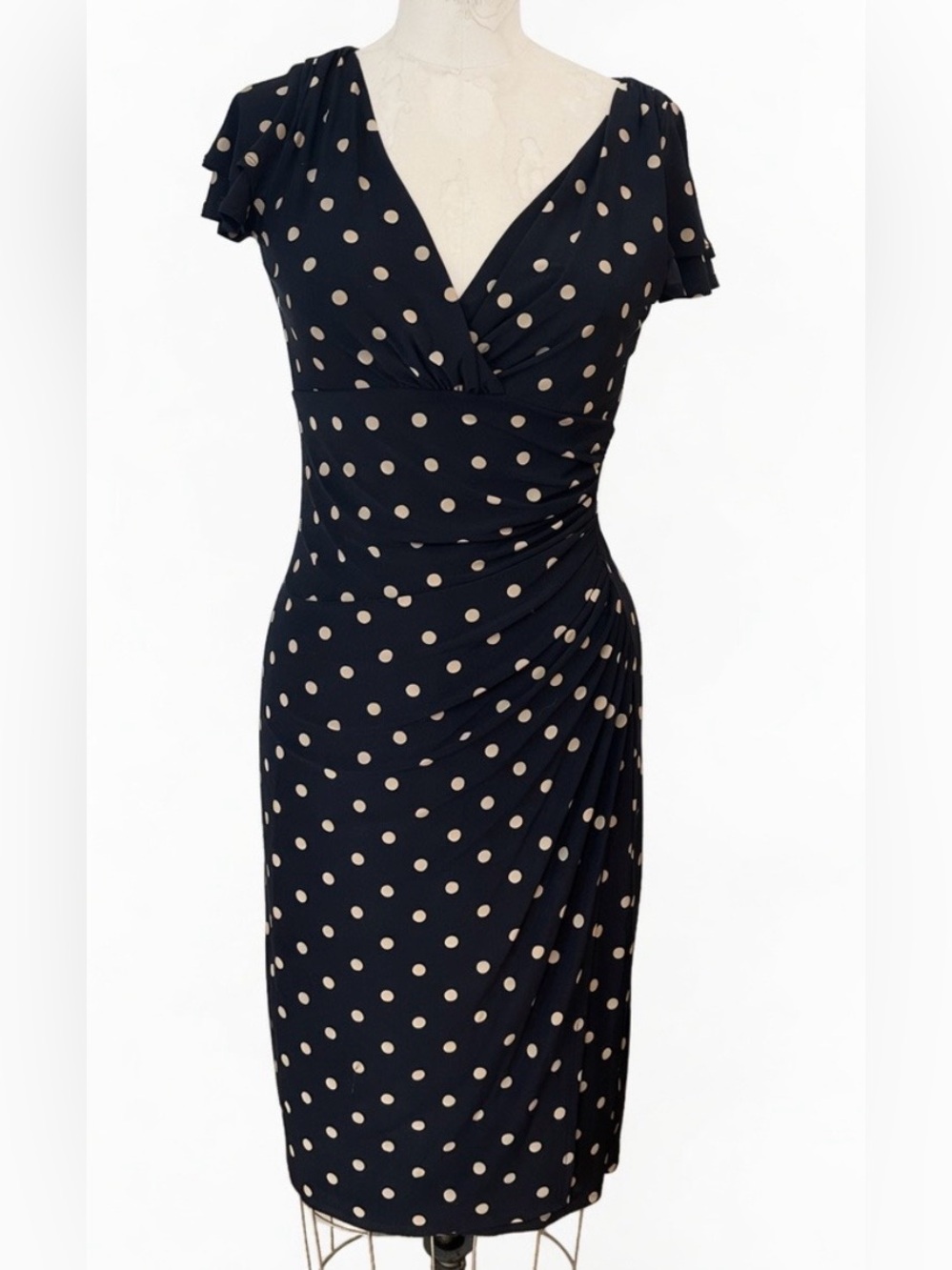 Lauren by Ralph Lauren Navy and Beige Polka Dot V-Neck Midi Dress
